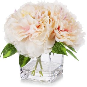 ENOVA HOME Silk Peony Flowers Arrangements in Cube Glass Vase with Faux Water for Home Table Wedding Centerpiece Decoration (Cream)