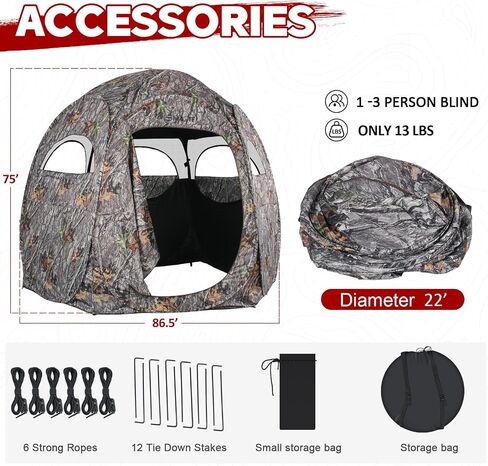 1-3 Person Hunting Blinds, 300 Degree See Through Pop up Ground Blinds for Deer Turkey Duck Hunting, Bow Hunting Accessories, Double Side Zipper Window in Saudi Arabia