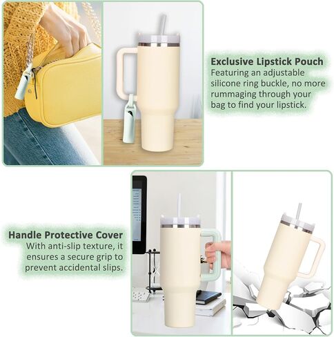 7 PCS Stanley Cup Accessories Set Including Water Bottle Phone Holder, Straw Cover, Spill Stoppers, Chapstick Holder, Handle Protective Cover and Strap, Suitable for Stanley Tumbler (Beige) in Saudi Arabia