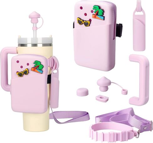 7 PCS Stanley Cup Accessories Set Including Water Bottle Phone Holder, Straw Cover, Spill Stoppers, Chapstick Holder, Handle Protective Cover and Strap, Suitable for Stanley Tumbler (Beige) in Saudi Arabia
