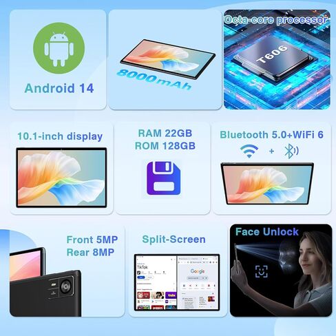 جهاز لوحي Android 14 مقاس 10.1 بوصة، ذاكرة وصول عشوائي 22 جيجابايت، ذاكرة تخزين داخلية 128 جيجابايت، سعة 1 تيرابايت، جهاز لوحي ثماني النواة مع حافظة ماوس لوحة المفاتيح، Widevine L1، شاشة لمس HD 1280x800 IPS HD، بطارية 8000 مللي أمبير في الساعة، كمبيوتر لو in Saudi Arabia