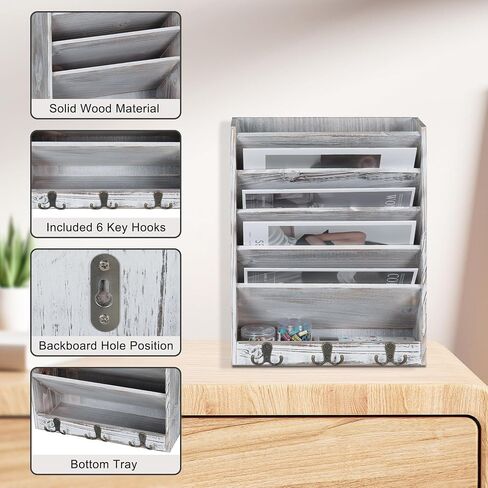 Superbpag Wood Wall Mounted File Holder Organizer Literature Rack with 6 Hooks Mail Paper Organizer for Home Office Dormitory in Saudi Arabia