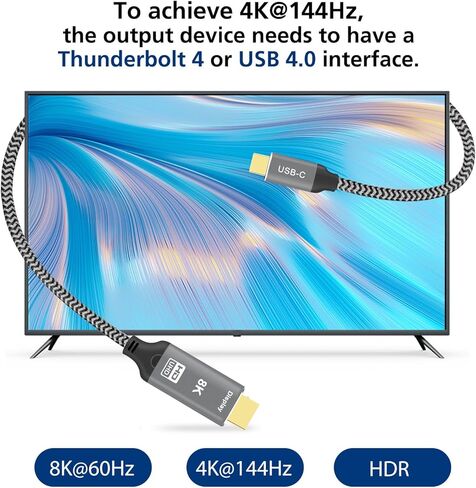 كابل USB C إلى HDMI 2.1 8K [8K@30 هرتز، 4K@144 هرتز] سلك مجدول من الألومنيوم من النوع C إلى HDMI بطول 6.6 قدم - متوافق مع Thunderbolt 4/3 - عيد بصري 8K UHD المستقبلي - يدعم 48 جيجابت في الثانية/HDCP2.3/HDR in Kuwait