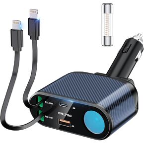 OHLPRO 5 in 1 Retractable Car Charger, 168W USB C Cigarette Lighter Adapter, Fast Car Phone Charger Built-in Replaceable Fuse, Socket Splitter with Dual USB Ports, Fit for Phone, iPad, Galaxy, GPS