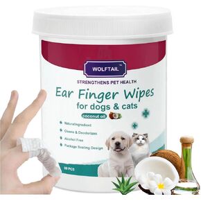 Ear Finger Wipes for Dogs & Cats, Pet Ear Cleaning Care, Remove Wax, Debris - Sooths & Deodorizes - Stop Itching & Relieve Inflammation, Natural and Non-Irritating, Fresh Coconut Scent - 60 Counts