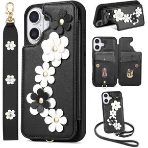 حافظة لهاتف iPhone 16 Pro Max، محفظة مع حامل بطاقة، محفظة هاتف كروس بتصميم زهرة لطيفة للنساء، غطاء مقاوم للصدمات من جلد البولي يوريثان المغناطيسي مع حزام معصم، حافظة هاتف 6.9 بوصة (بيج)