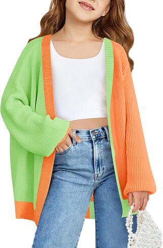 Haloumoning Girls Oversized Batwing Sleeve Cardigan Sweaters Kids Fashion Open Front Color Block Outerwear in Saudi Arabia
