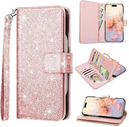Fingic for iPhone 16 Case,for iPhone 16 Wallet Case for Women Girl[with 9 Card Holder]Marble Rose Gold PU Leather Detachable Wrist Strap Fullbody Slim Shockproof Flip Phone Case for iPhone 16,6.1"2024 in Saudi Arabia