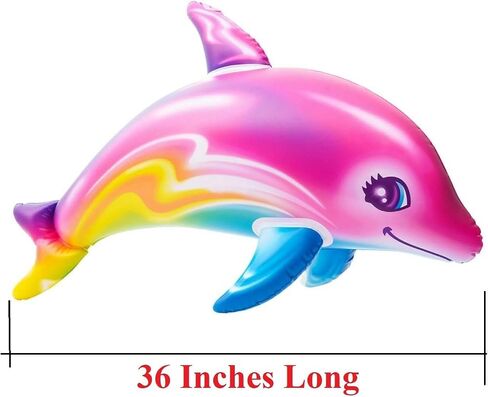 Large 36" Pink Rainbow Colorful Dolphin Inflatable Pool Toy (Pack of 1) Infate Beach Poolside Aquatic Themed Decor Birthday Party Decoration in Kuwait