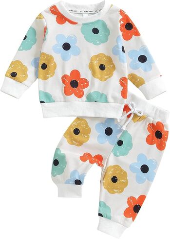 Infant Baby Girl Fall Outfit Long Sleeve Print Sweatshirt + Cute Pants Toddler Girl Winter Spring Clothes (Pink-Bow, 12-18 Months) in Saudi Arabia