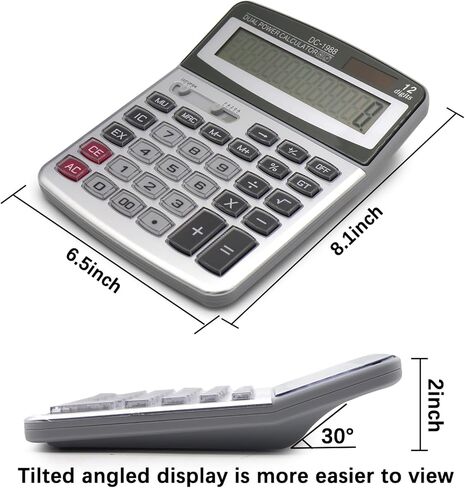 OFFIDIX الآلات الحاسبة الرئيسية الكبيرة آلة حاسبة سطح المكتب، آلة حاسبة إلكترونية مزدوجة الطاقة محمولة 12 رقمًا كبيرة بشاشة LCD كبيرة الحجم، آلة حاسبة مكتبية للمكتب اليومي والأساسي in Kuwait