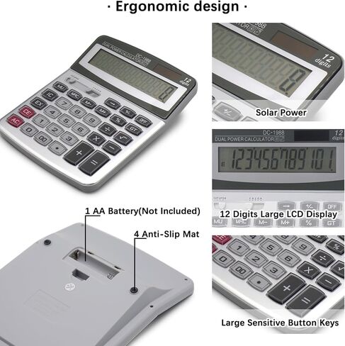 OFFIDIX الآلات الحاسبة الرئيسية الكبيرة آلة حاسبة سطح المكتب، آلة حاسبة إلكترونية مزدوجة الطاقة محمولة 12 رقمًا كبيرة بشاشة LCD كبيرة الحجم، آلة حاسبة مكتبية للمكتب اليومي والأساسي in Kuwait