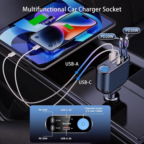 OHLPRO 5 in 1 Retractable Car Charger, 168W USB C Cigarette Lighter Adapter, Fast Car Phone Charger Built-in Replaceable Fuse, Socket Splitter with Dual USB Ports, Fit for Phone, iPad, Galaxy, GPS in Saudi Arabia