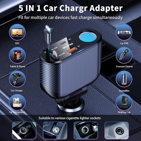 OHLPRO 5 in 1 Retractable Car Charger, 168W USB C Cigarette Lighter Adapter, Fast Car Phone Charger Built-in Replaceable Fuse, Socket Splitter with Dual USB Ports, Fit for Phone, iPad, Galaxy, GPS in Saudi Arabia