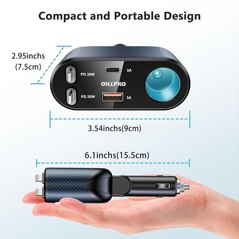 OHLPRO 5 in 1 Retractable Car Charger, 168W USB C Cigarette Lighter Adapter, Fast Car Phone Charger Built-in Replaceable Fuse, Socket Splitter with Dual USB Ports, Fit for Phone, iPad, Galaxy, GPS in Saudi Arabia