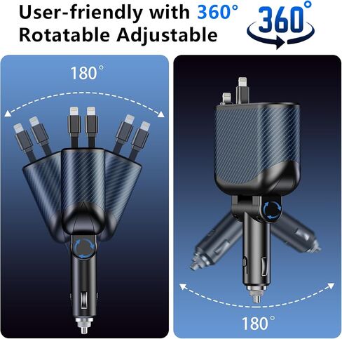 OHLPRO 5 in 1 Retractable Car Charger, 168W USB C Cigarette Lighter Adapter, Fast Car Phone Charger Built-in Replaceable Fuse, Socket Splitter with Dual USB Ports, Fit for Phone, iPad, Galaxy, GPS in Saudi Arabia