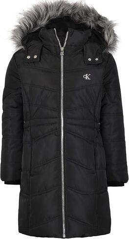 Calvin Klein Girls' Hooded Winter Puffer Jacket, Full-Length Heavy Weight Coat with Fleece Lining, Purple Aerial, 16 in Kuwait