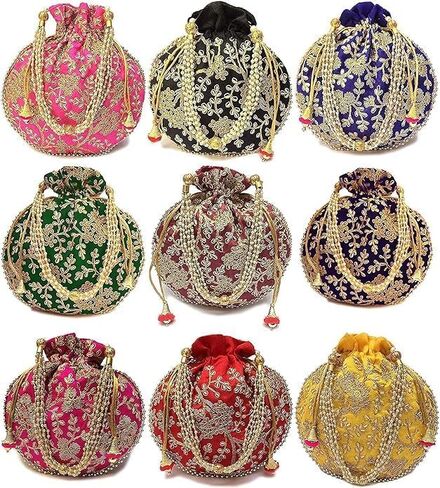 Indian Ethnic Potli Bag Ladies Handbag Purse for Bridal Batwa Pearls Handle Purse Clutch Purse for Women, Girls in Kuwait
