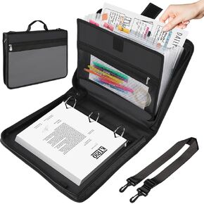 KTRIO Zipper Binder, 3 Ring 2.5 Inch Binder Organizer with Zipper, School Binder with Shoulder Strap, Portfolio Binder, Zip Up Binder with Strap with Handle and 2 Pockets, Black and Grey