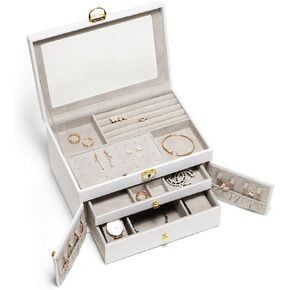 Jewelry Organizer Box, 2-Layer Jewelry Box with Removable Jewelry Tray for Necklace Bracelets Earrings Rings, Modern Style Handle Design, Jewelry Box for Women Gift