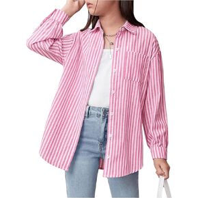 Floerns Girl's Striped Print Long Sleeve Shirts Tops Pocket Button Down Blouses