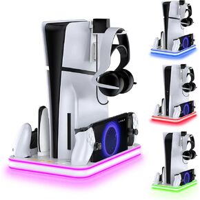 Charger Dock Compatible with PS Portal and PS5, PS5 Stand and Cooling Station with RGB LED Charging Dock, PS5 Edge Controller and Headset and Remote Holders - White