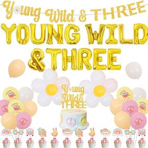 Three Groovy Birthday Decorations, Young Wild and Three Groovy Party Decorations, Groovy 3rd Birthday Supplies with Young Wild and Three Banner Cake Toppers Foil Balloons