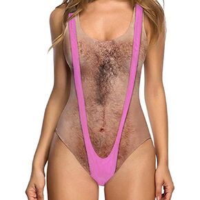 uideazone Swimsuits for Women Funny Chest Hair One Piece Bathing Suit Sexy Backless Padded Swimsuit Swimwear Beach Wear