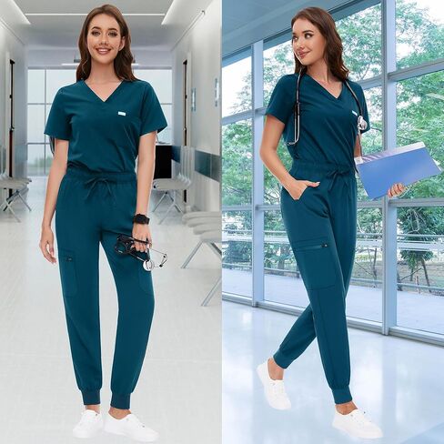 سراويل Fitglam النسائية الطبية للتنظيف الطبي للركض للنساء بحزام خصر مطاطي مع رباط مقاس نحيف 6 جيوب in Kuwait