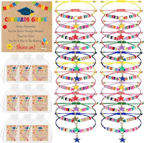 Trnayi 24 Set Graduation Beaded Bracelets Bulk Kindergarten Graduation Bracelet with Wish Cards 4 x 5 Inch Organza Bags Colorful Adjustable Grad Bracelets Bulk for Boys Girls Toddler in Saudi Arabia