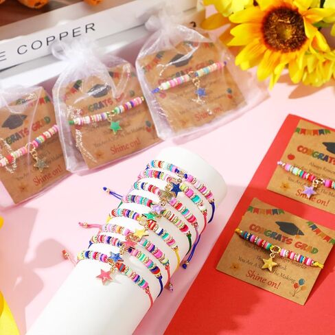 Trnayi 24 Set Graduation Beaded Bracelets Bulk Kindergarten Graduation Bracelet with Wish Cards 4 x 5 Inch Organza Bags Colorful Adjustable Grad Bracelets Bulk for Boys Girls Toddler in Saudi Arabia