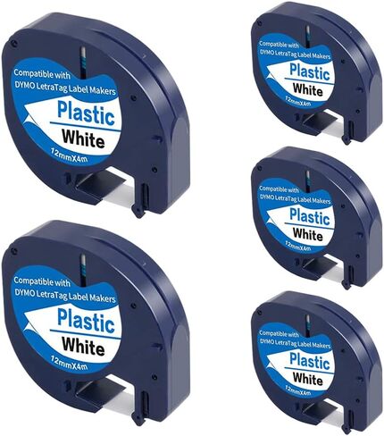 5 عبوات متوافقة مع Dymo Letratag Refills 91202 91332 S0721620 شريط صانع الملصقات البلاستيكي 12 مم × 4 م 1/2 بوصة × 13 بوصة، تعمل مع علامة Dymo Letra LT-100H LT-100T Plus 200B QX50 XR XM 2000 أسود على أصفر in Kuwait