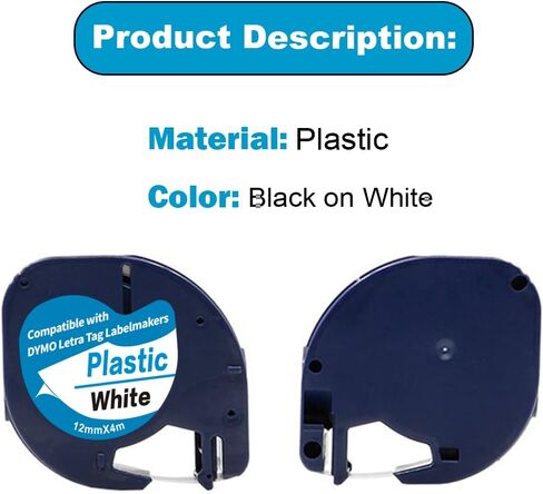 5 عبوات متوافقة مع Dymo Letratag Refills 91202 91332 S0721620 شريط صانع الملصقات البلاستيكي 12 مم × 4 م 1/2 بوصة × 13 بوصة، تعمل مع علامة Dymo Letra LT-100H LT-100T Plus 200B QX50 XR XM 2000 أسود على أصفر in Kuwait