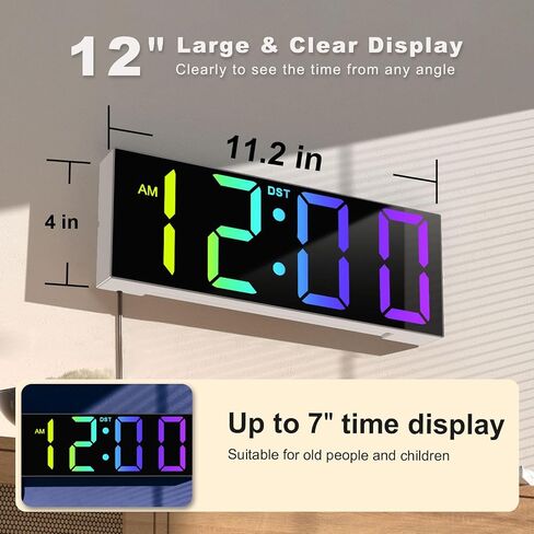 JALL 12'' Large Digital Wall Clock with Remote Control, Big LED Screen Dispaly, 8 RGB Colors, DST, Night Light for Living Room, Bedroom, Gift for Elderly in Saudi Arabia