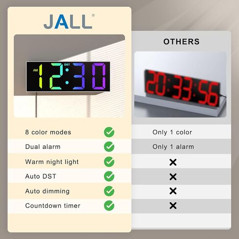 JALL 12'' Large Digital Wall Clock with Remote Control, Big LED Screen Dispaly, 8 RGB Colors, DST, Night Light for Living Room, Bedroom, Gift for Elderly in Saudi Arabia