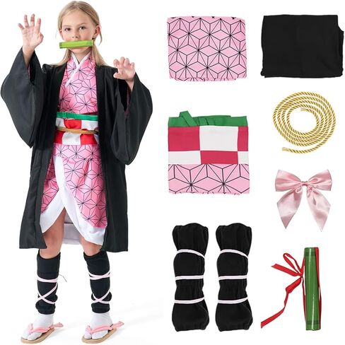 BUWHIN Nezuko Cosplay Costume Kimono for Kids Adults Robe Japanese Anime Costume Halloween Kimono Outfit With Wig in Saudi Arabia