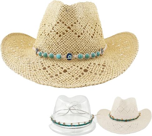 Straw Cowboy Hats, Cowgirl Sun Hats,Western Cowboy Hats for Men & Women's,Beach Hat, Woven Shapeable,Two Decorative Bands in Saudi Arabia