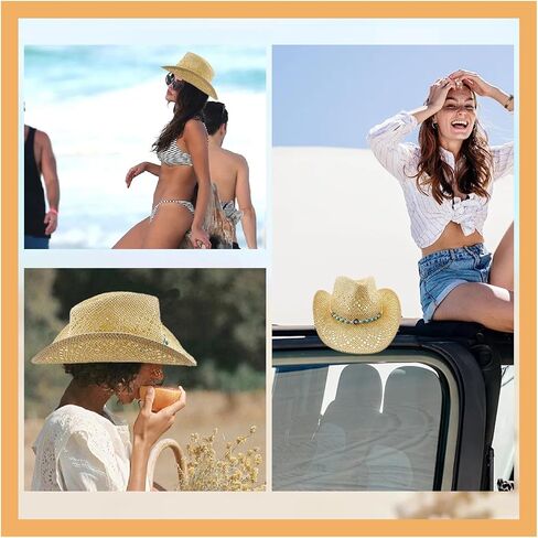 Straw Cowboy Hats, Cowgirl Sun Hats,Western Cowboy Hats for Men & Women's,Beach Hat, Woven Shapeable,Two Decorative Bands in Saudi Arabia