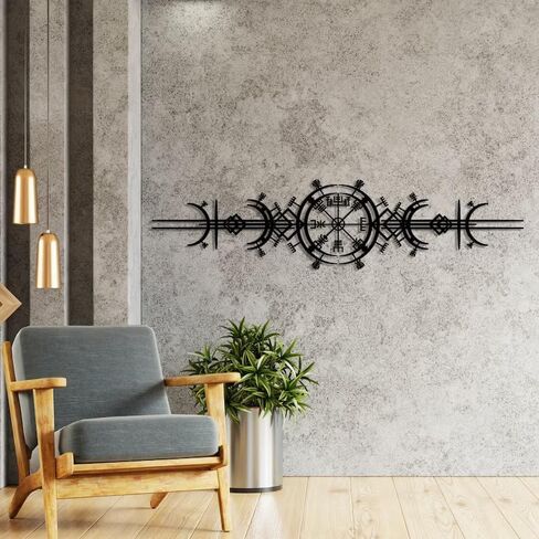 NORTH KAISER Metal Wall Art - Viking Wayfinders Wall Decor - Extraordinary Vegvisir Sculpture - Viking Symbol Wall Hanging - Rune Circle with Mjölnir - Old Norse Sign (Black - 23.6'' x 5.9'' / 60 x 15 in Saudi Arabia