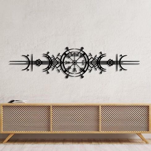 NORTH KAISER Metal Wall Art - Viking Wayfinders Wall Decor - Extraordinary Vegvisir Sculpture - Viking Symbol Wall Hanging - Rune Circle with Mjölnir - Old Norse Sign (Black - 23.6'' x 5.9'' / 60 x 15 in Saudi Arabia