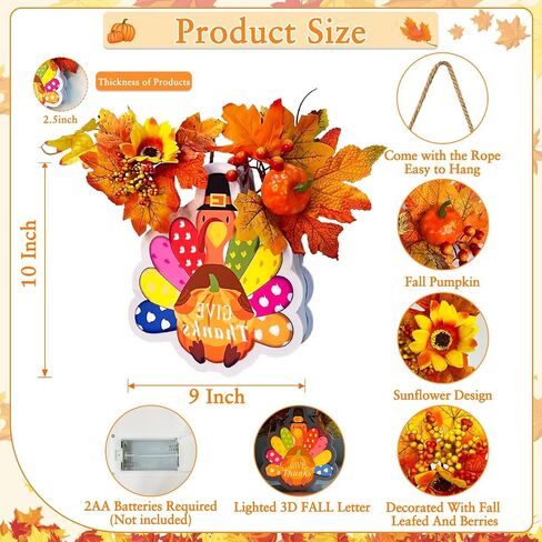 [ Timer ] Lighted Happy Thanksgiving Wreath Sign for Front Door Decor Turkey Maple Leaves Thanksgiving Wood Hanging Sign Battery Operated Warm Light Thanksgiving Decoration Indoor Outdoor Home in Saudi Arabia