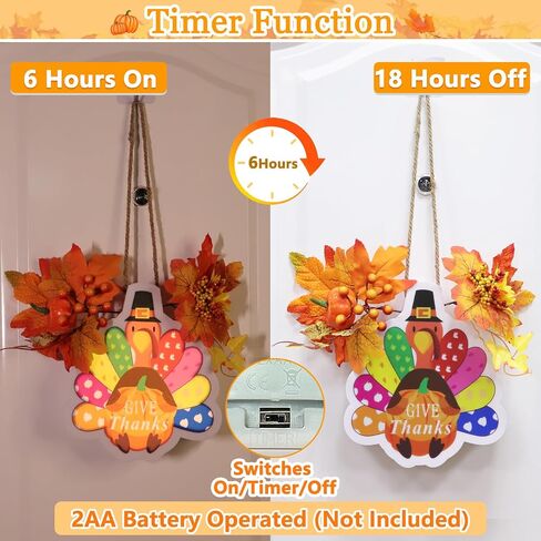 [ Timer ] Lighted Happy Thanksgiving Wreath Sign for Front Door Decor Turkey Maple Leaves Thanksgiving Wood Hanging Sign Battery Operated Warm Light Thanksgiving Decoration Indoor Outdoor Home in Saudi Arabia