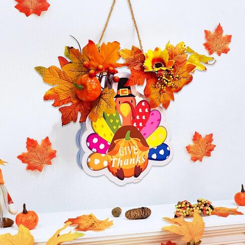 [ Timer ] Lighted Happy Thanksgiving Wreath Sign for Front Door Decor Turkey Maple Leaves Thanksgiving Wood Hanging Sign Battery Operated Warm Light Thanksgiving Decoration Indoor Outdoor Home in Saudi Arabia
