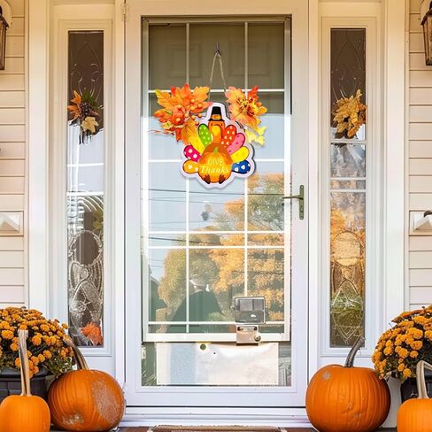 [ Timer ] Lighted Happy Thanksgiving Wreath Sign for Front Door Decor Turkey Maple Leaves Thanksgiving Wood Hanging Sign Battery Operated Warm Light Thanksgiving Decoration Indoor Outdoor Home in Saudi Arabia