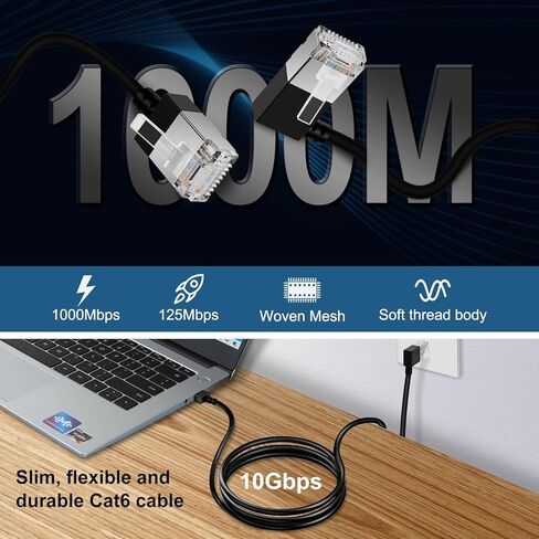 Ultra Thin Ethernet Cable 90° Downward Angle 5Feet. Flexible and Slim Rj45 Cat 6 LAN cord Gigabit Applicable to PC.Router. Printer.(Black) in Saudi Arabia