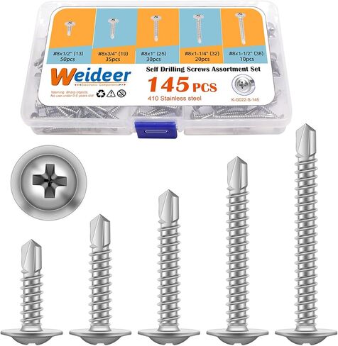 weideer 145pcs #8 Self Tapping Self Drilling Screws Assortment Kit Galvanized Truss Head Sheet Metal Screws 1/2" 3/4" 1" 1-1/4" 1-1/2" for Metal Plastic Wood in Saudi Arabia