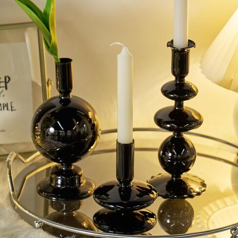 Green Tall Candle Holders, Glass Candle Holders Cute Whimsical for Table Centerpiece, Retro Taper Candle Holder Set (3 pcs, Green) in Saudi Arabia