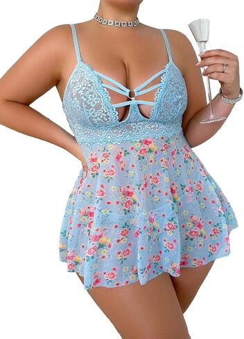 JuicyRose Women Plus Size Lace Lingerie Flower Print Nightwear Hollow Out Babydoll Chemise Sleepwear in Saudi Arabia