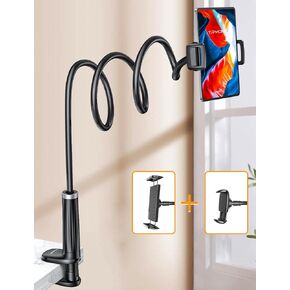 Gooseneck Phone Holder Tablet Stand for Bed:[Swivel Base] Adjustable Flexible Lazy Arm with 2 Clips Phone Tablet Holder Mount Compatible iPad Pro Air Mini | Kindle | Switch or 4-12.9" Device (White)