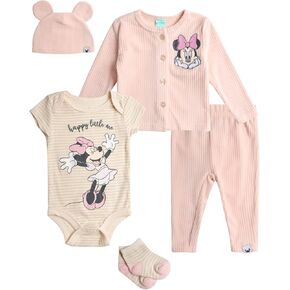 Disney Baby Girls Take Me Home Set - 5 Piece Minnie Mouse Bodysuit, Shirt, Pants, Hat, Socks - Newborn Infant Essential, 0-9M